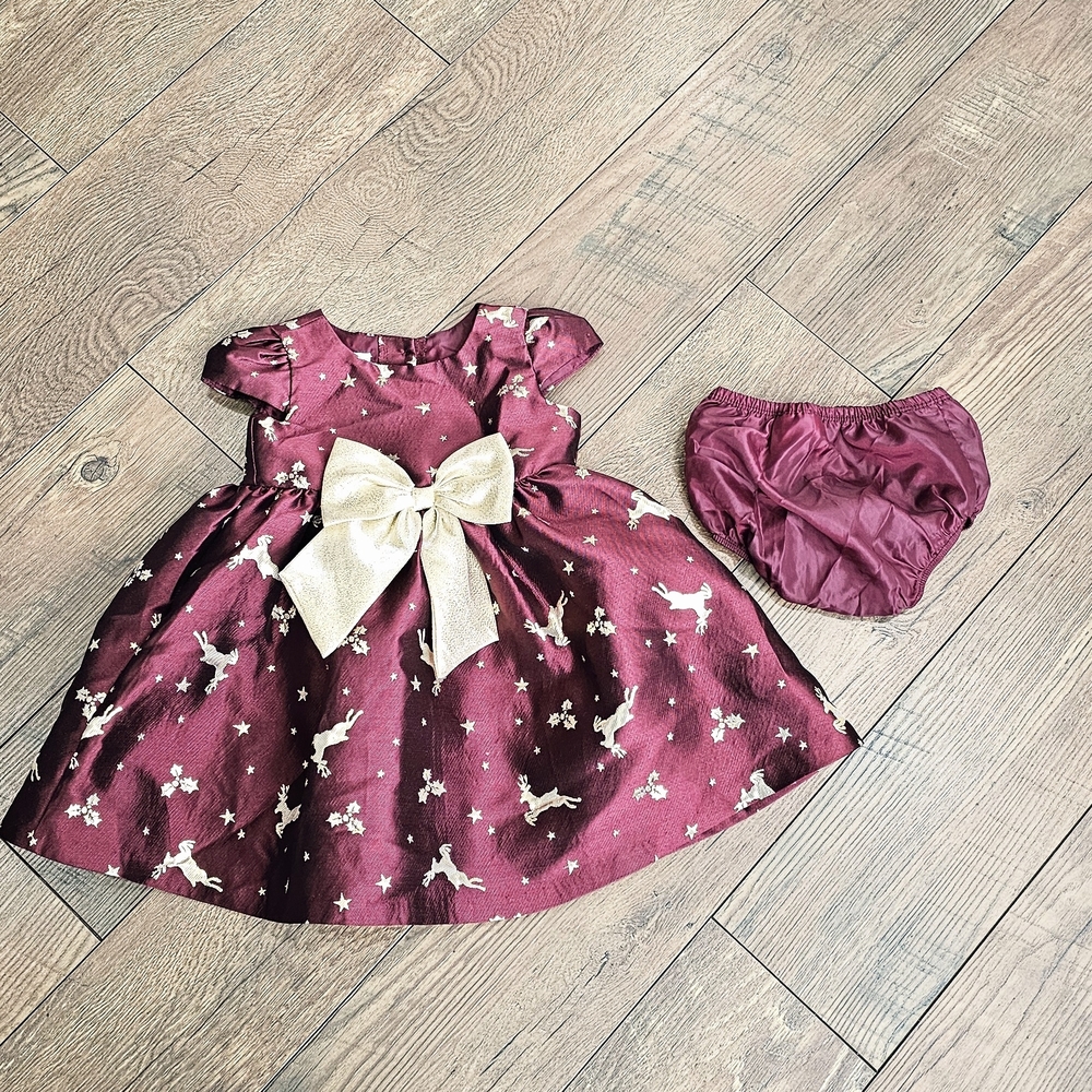Burgundy Baby Dress with Gold Bow
